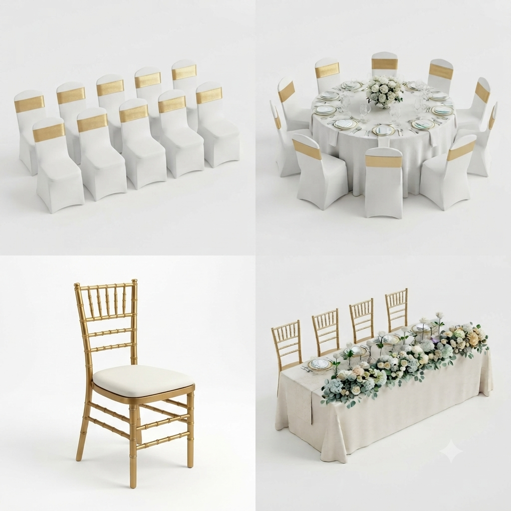 4 Chiavari Seats + 10 Spandex Dressed Seats for High table